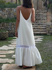 LIZAKOSHT  -  Women Elegant Lace Patchwork Sling Maxi Dress Fashion V-neck Sleeveless Pleated Hem Dresses Summer Lady Loose Beach Robes 2024