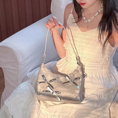 LIZAKOSHT - Korean Fashion Sweet Bow Underarm Bags Women Silver Commuter Shoulder Crossbody Bag