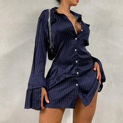 LIZAKOSHT - Loose Mini Dress Single-breasted Casual Striped Long-sleeved Split Open-sleeved Shirt Dress Casual Streetwear Retro Party Dress