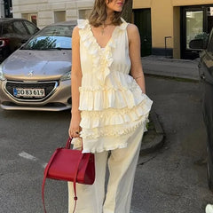 LIZAKOSHT  -  Elegant Layered Ruffle Dress Women 2025 New Summer Loose Sexy V-neck Sleeveless A-line Mini Dresses Vacation Party Evening Dress