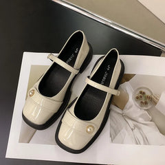 LIZAKOSHT Women Shoes High Heels Mary Janes Shoes Patent Leather Thick Heel Pumps Buckle Square Toe Female Footwear Vintage