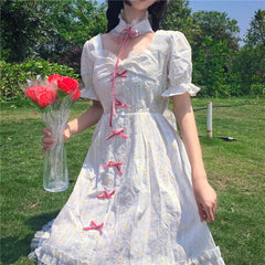 LIZAKOSHT - Summer Dress New Japanese Girl Style Fresh Square Collar Small Daisy Bubble Sleeve High Waist Dress Victorian Kawaii Girl