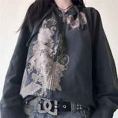LIZAKOSHT  -   Women's Fall Grunge Hoodies Sweatshirts Skull Floral Print Long Sleeve Hood Jacket Zip Up Loose Coat Y2K Aesthetic Streetwear