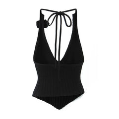 LIZAKOSHT - Women Knit and Rib Knit Viscose-blend Floral Asymmetric Black Alacant Tank Top