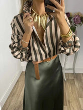 LIZAKOSHT  -  Turn-Down Collar Simple Fashion Cardigan Shirts, Women Autumn Winter Long Sleeve Striped Blouses, New Patchwork Loose Ladies Top