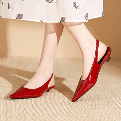LIZAKOSHT - Delicate Red Shiny Leather Sandals Woman Slingback Low Heels Shoes Ladies Party Brides Tacones Mujer Pointed Toe Flats Sandalias