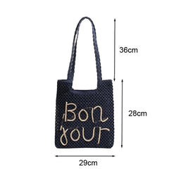 LIZAKOSHT - Women Fashion Letter Embroidered Shoulder Bag Hollow Grass Woven Beach Bags Vacation Handbag