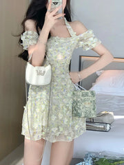 Lizakosht Floral Dresses for Women Short Sleeve Streetwear Office Dress Sweet Printing Mini Slash Neck New Spring Summer Dress