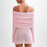 LIZAKOSHT - Sexy Women Bodycon Knitted Mini Dress Elegant Lady Boat Neck Off Shoulder Long Sleeve Casual Fuzzy Short Dress Party Cub