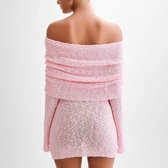 LIZAKOSHT - Sexy Women Bodycon Knitted Mini Dress Elegant Lady Boat Neck Off Shoulder Long Sleeve Casual Fuzzy Short Dress Party Cub