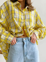 LIZAKOSHT - Bornladies 100% Cotton Women's Plaid Shirt Retro Fashion Long Sleeve Loose Top Summer Office Lady Casual Chic Cardigan Shirt