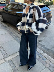 LIZAKOSHT - Vintage Contrast Striped Women Knit Cardigan Scarf Casual New Lady Fashion V Neck Lantern Sleeved Sweater Coat Cardigan