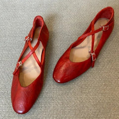 LIZAKOSHT  -  Brand Round Toe Flat Ballet Shoes Women Retro Soft Sole Mary Jane Shoes Cross-tied Comfy Low Heel Dress Shoe Casual Mules Shoes