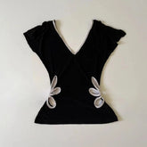 LIZAKOSHT  -  Casual Embroidery T-Shirt Women V Neck Slim Waist Hollow Out Short Sleeves Top Female 2025 Spring Fashion Patchwork Top Lady