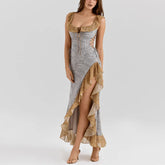 LIZAKOSHT  -  Printed Flounce Lace Up Long Halter Dress Woman Slim Sleeveless Patchwork Color Chic Robes Sexy Beach Vacation Women's Dresses