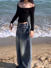 LIZAKOSHT - Y2k Vintage 90s Streetwear High Waist Wide Leg Pants American Retro Grunge Casual HipHop Oversized Baggy Denim Pant 2024