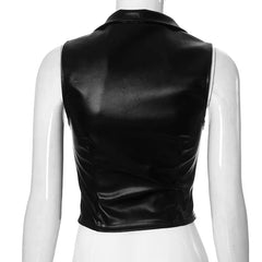LIZAKOSHT - Black PU Leather Vests Women Fashion Turn Down Collar Sleeveless Zip-up Slim Crop Tank Top All Matching Streetwear Casual Outfit