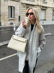 LIZAKOSHT - Elegant Solid Scarf Collar Knitted Cardigan Women Chic Full Sleeve With Pocket Loose Sweater New Autumn Lady Casual Street Wear