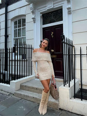 LIZAKOSHT - Evening party birthday dresses luxury prom sexy Sweater dress women halter dress off shoulder knitted short dress black elegant