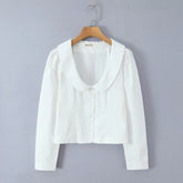 LIZAKOSHT - Sweet Spring White Peter Pan Collar Long Puff Sleeve Shirt Women Single-breasted Buttons Slim Waist Short Blouse Tops CHIC