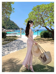 LIZAKOSHT - Summer Sexy Backless Satin Straps Midi Dresses for Women 2024 Elegant Party Sleeveless Female Clothing Beach Holiday Pink New