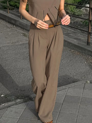 LIZAKOSHT  -  Women's Khaki Sleeveless Vest & Pants Set 2025 Spring Summer Casual High Waist 2PCS Wide Leg Pants Fashion Office Wear