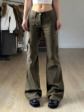 LIZAKOSHT - Vintage Low Rise Cargo Flare Pants Multi Pocket Streetwear Trousers