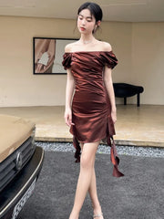 LIZAKOSHT - Summer Off Shoulder Elegant Sexy Lace-up Evening Dresses Women Fashion Solid Slim Prom Party Dress Vestido Feminino Robe Femme