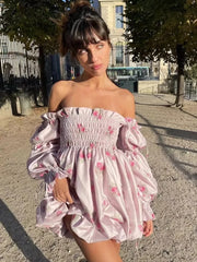LIZAKOSHT Floral Printed Pink Satin Short Summer Dress Women Spring Off Shoulder Boho Party Beach Vestidos Long Sleeve Sundress