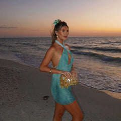 LIZAKOSHT - Sexy Green Halter Short Dress Women Slim Lace Up Hollow Out Sleeveless Backless Dresses 2025 Summer Lady Party Beach Robes