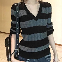 LIZAKOSHT - Striped Sweater Vintage Women V-neck Harajuku Slim Pullovers Casual Cable Knit Knitwear Shirt Streetwear Y2k Fall Sweater Tops