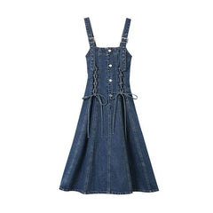 LIZAKOSHT - Denim Strap Dress Waist Women'S Dress Summer New Retro Slimming Length Age Reducing Small A-Line Skirts Women'S Clothing