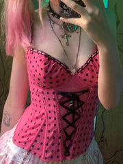 LIZAKOSHT - Fashionable Pink and Black Seductive Niche Polka Dot Strap Strap Top+sexy Sweet Striped Pleated Skirt