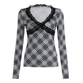 LIZAKOSHT - Y2K Lace Lace T Shirt Women Deep V Neck Plaid Long Sleeve Slim Fit Slimming Fashion Inner Top Pure Desire Sweet Style