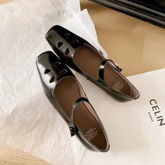 LIZAKOSHT - Fashion Women Shoes New High Quality True Leather Hollow Square Head Flat Bottom Mary Janes Shoes Daily Lightweight Shoes