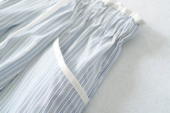 LIZAKOSHT - Summer White Blue Vertical Strips COTTON Wide leg Pants Women Rope Drawstring Elastic Waist Loose Casual Floor Length Trousers