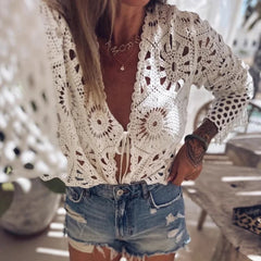 LIZAKOSHT - Autumn Sexy V-neck Lace-Up Knit Cardigan Women's Casual Long Sleeve Solid Color Shirt Spring Elegant Hollow Out Jacquard Blouse