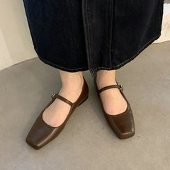 LIZAKOSHT - Summer Brown New Brand Women Flats Fashion Square Toe Shallow Mary Jane Shoes Soft Casual Ballet Shoes Slingback Shoes