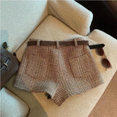 LIZAKOSHT - Vintage Plaid Suit Shorts Women High Waist Casual Belt All Match Wide Leg Shorts Early Autumn Preppy Student Straight Shorts New