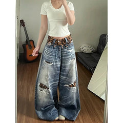 LIZAKOSHT - American-style tough lady striped ripped printed denim pants for women, new style, niche, loose, wide-leg,curved-cut pant