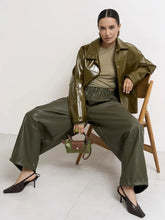 LIZAKOSHT - Womens Autumn Winter PU Lantern Pants Elegant Lazy Drawstring Casual Army Green Wide Leg Leather Pants