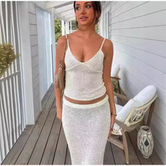 LIZAKOSHT - Sexy Glitter Knitted Slings Long Skirt Set Lady Casual Solid V-neck Tops Shiny Slim High Waist Skirts Sets Women Summer Beach