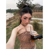 LIZAKOSHT - Chic American Outdoor Vintage Halter Sleeveless Tank Tops Y2k Aesthetic Harajuku Leopard Print Sexy Camisole Summer Punk Tops