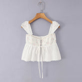 LIZAKOSHT - Sexy White Spliced Floral Print Elastic Strap Tank Top Women Hook Buttons Lacing Up Bow Front Elastic Back Crop Vest Beach