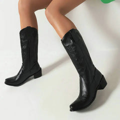 LIZAKOSHT - Retro Knight Mid-Leg Boots Embroidered Totem Western Cowboy Boots Increased Slim Plus Size Women's Boots 35&46