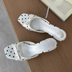 LIZAKOSHT - Summer Fashion Satin Polka Dot Square Toe Women Slippers Elegant Thin Low Heels Sandals Casual Beach Party Shoes