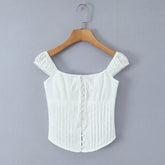 LIZAKOSHT - Sexy White Hollow Out Hole Bow Collar Elastic Strap Tank Top Slim Corset Women Front Hook Buttons Elastic Back Crop Vest Beach