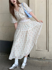 LIZAKOSHT - Office Wear Florals Slim Two Pieces Sets Women Sweet Early Autumn Chic Gentle Half Puff Sleeve Shirts New Long Skirt