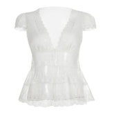 LIZAKOSHT - V-neck Lace Splicing Slim Top New Slim Solid Color Short-sleeved T-shirt