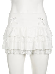 LIZAKOSHT - Floral Lace Patchwork Skinny Cake Skirt Coquette Outfits Kawaii Skirts Low Waist Elastic Short Y2K Aesthetic Korean